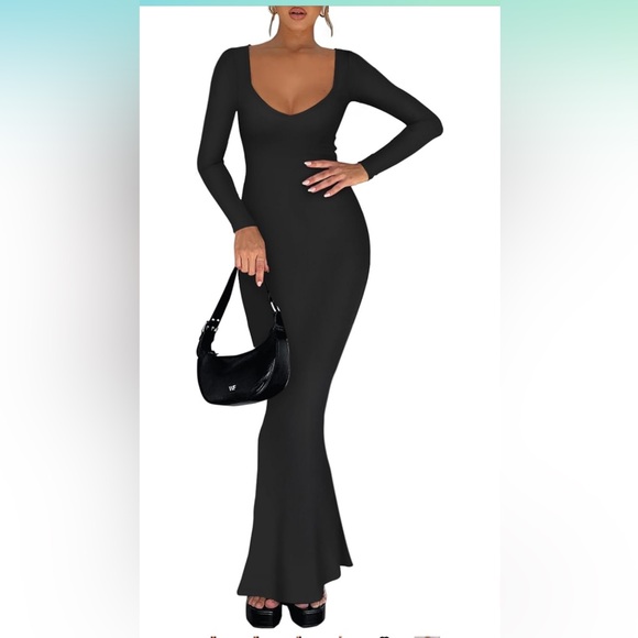 REORIA V Neck Long Sleeve Maxi Dress Bodycon Long Dresses - Picture 3 of 7